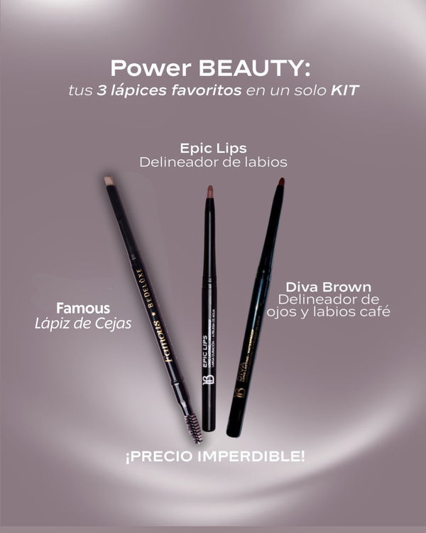 POWER BEAUTY Kit labios cejas y ojos Be Deluxe — tres lápices veganos en un solo set
