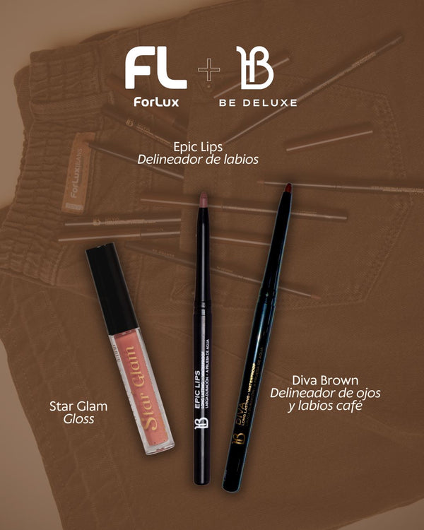 BE DELUXE + FORLUX Kit ojos y labios — delineador nude, brillo y Diva Brown vegano